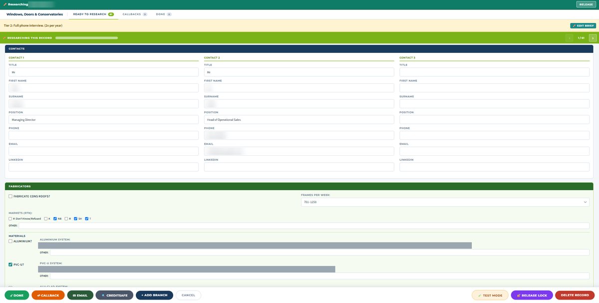 The online research form part-way through a record: three contact slots, the fabricator questions as checkboxes, and buttons to mark the record done, book a callback, send an email or look the company up.